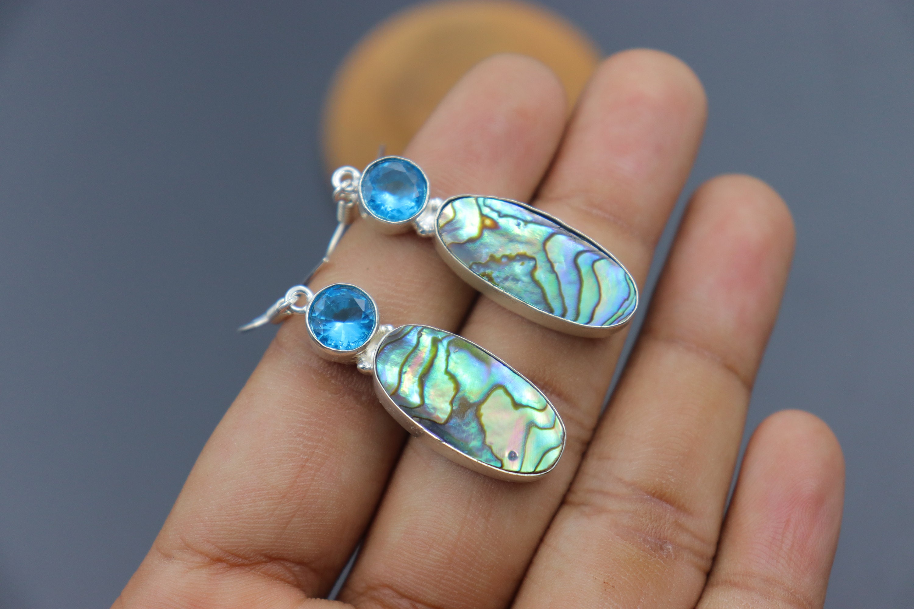 Orecchini Pendenti In Argento Sterling 925 Con Conchiglia Abalone Naturale – Ovali, Fatti A Mano, India - Foto 3