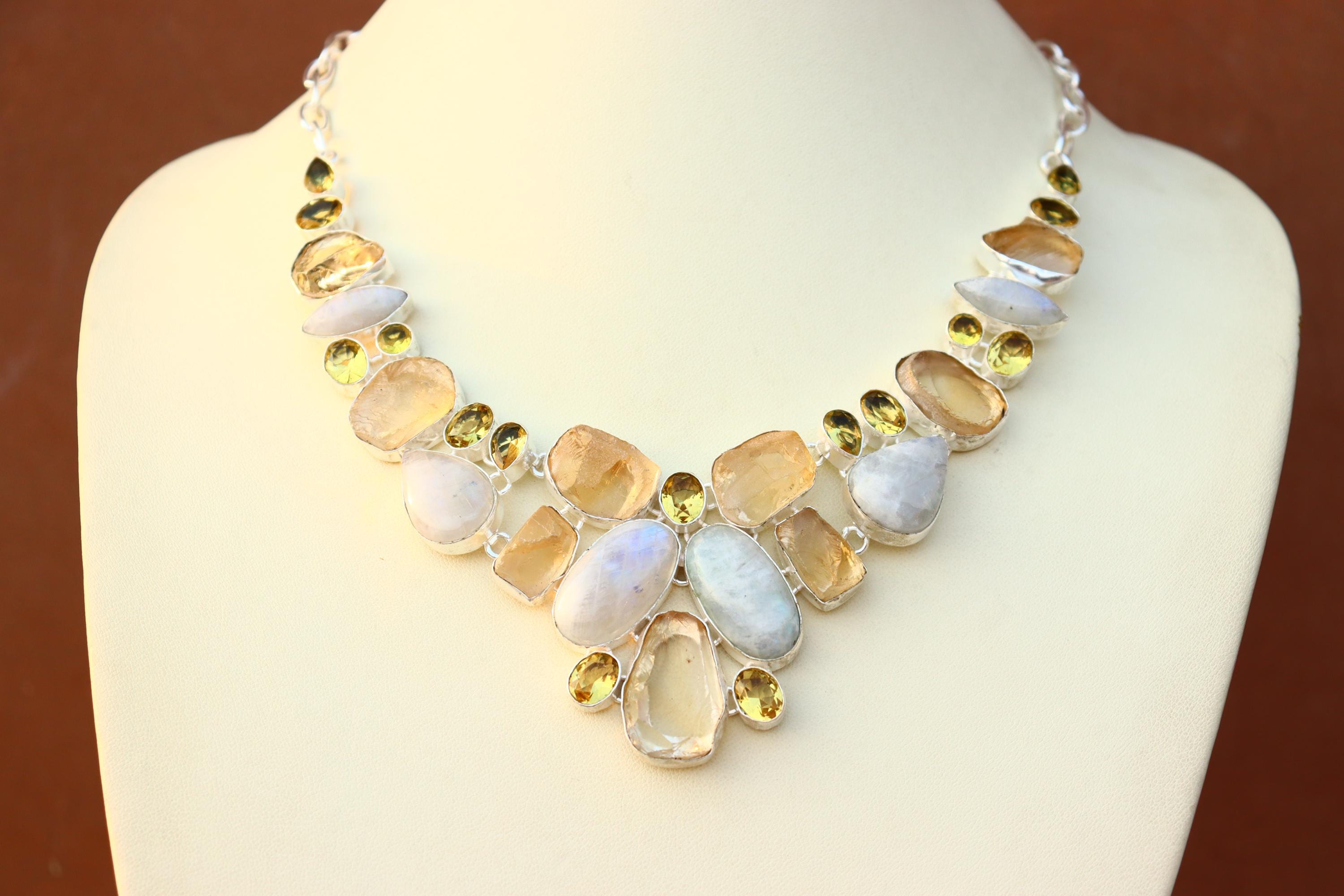 Natural Raw Citrine and Moonstone gemstone handmade silver plated necklace | Vintage Moonstone necklace | Gift for her .