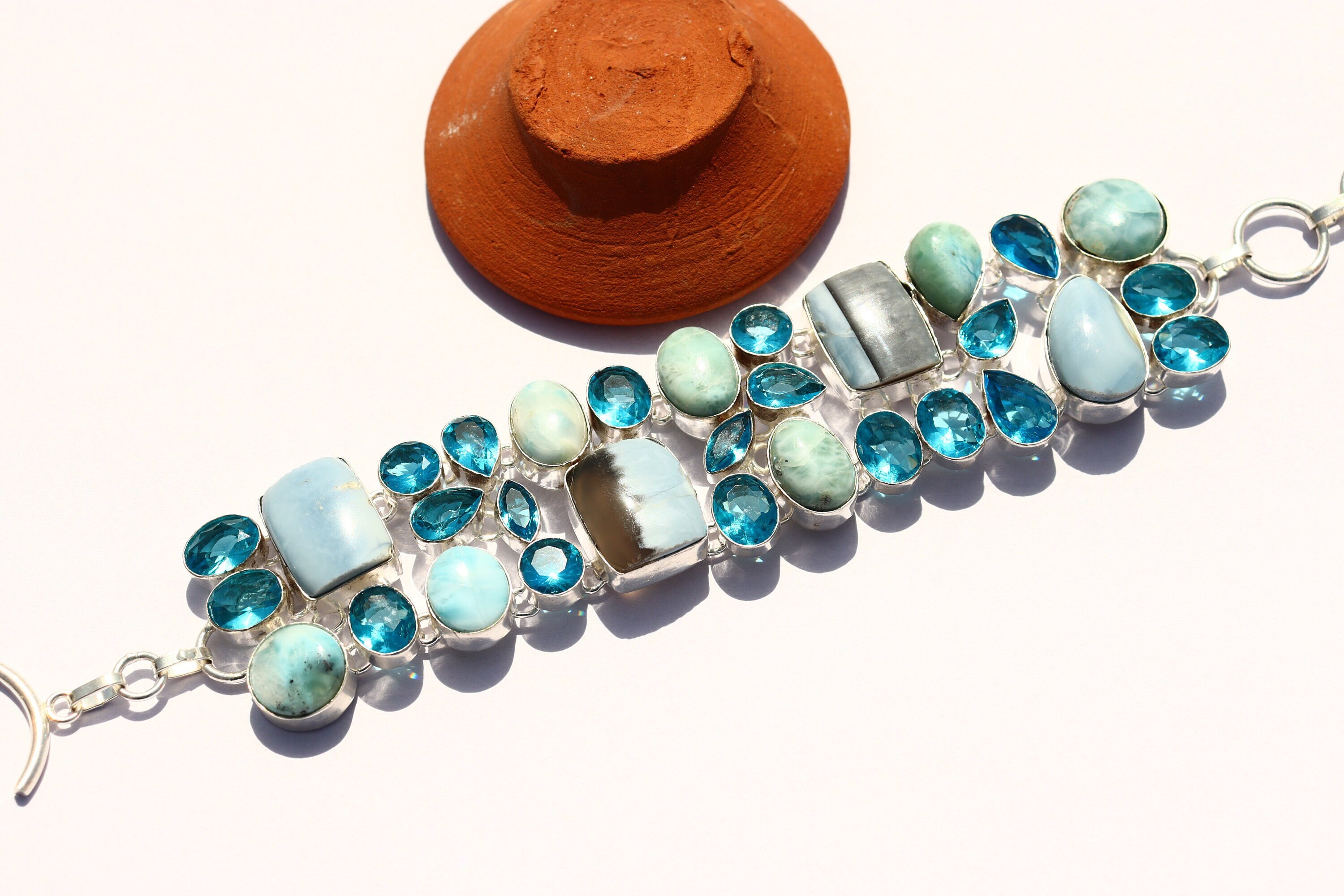 ラリマー　トパーズ　ブレスレット ラリマー、ブルーレースアゲート、トパーズの宝石ブレスレット：酸化