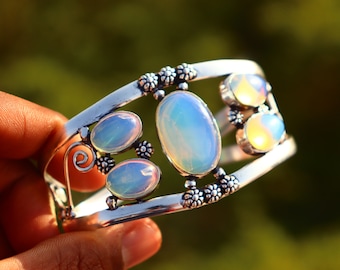 Handmade Ethiopian Opal Bangle: Silver Plated Adjustable Statement Bangle