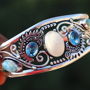 Moonstone, Larimar & Topaz Bangle: Oxidized Silver Plated Brass
