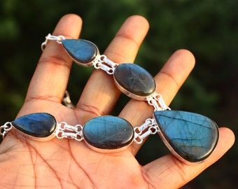Collar de labradorita de fuego azul: conjunto de joyas de piedras preciosas en plata de ley