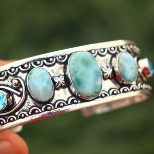 Larimar & Blue Topaz Sterling Silver Bangle - Oxidized 925 Silver Plated
