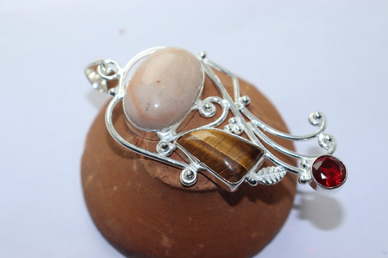 Beautiful Garnet and Tiger stone handmade silver plated cross pendant
