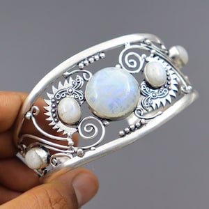 Handmade Moonstone Cuff Bangle: Sterling Silver Adjustable Bangle