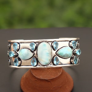 Natürlicher Larimar und Blautopas Edelstein Sterling Silber Armreif | 925er Silber Armreif | Natürlicher Edelstein | Geschenk für sie.