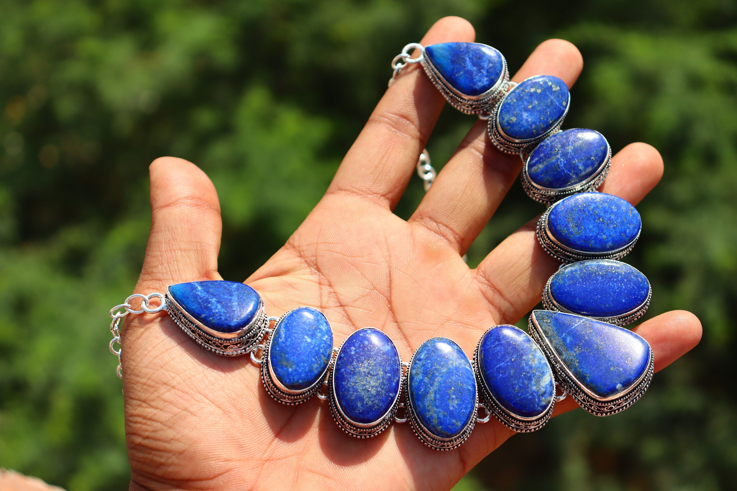 Handmade Lapis Lazuli Necklace: Silver Plated Silver Cluster