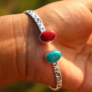 Handmade Turquoise & Coral Bangle: Oxidized 925 Silver Boho Cuff