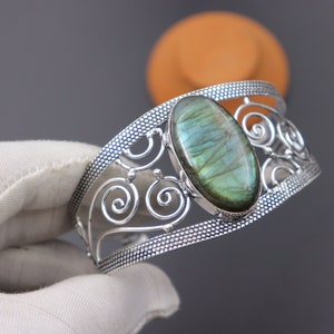 Labradorite Cuff Bangle: Adjustable Sterling Silver Bracelet