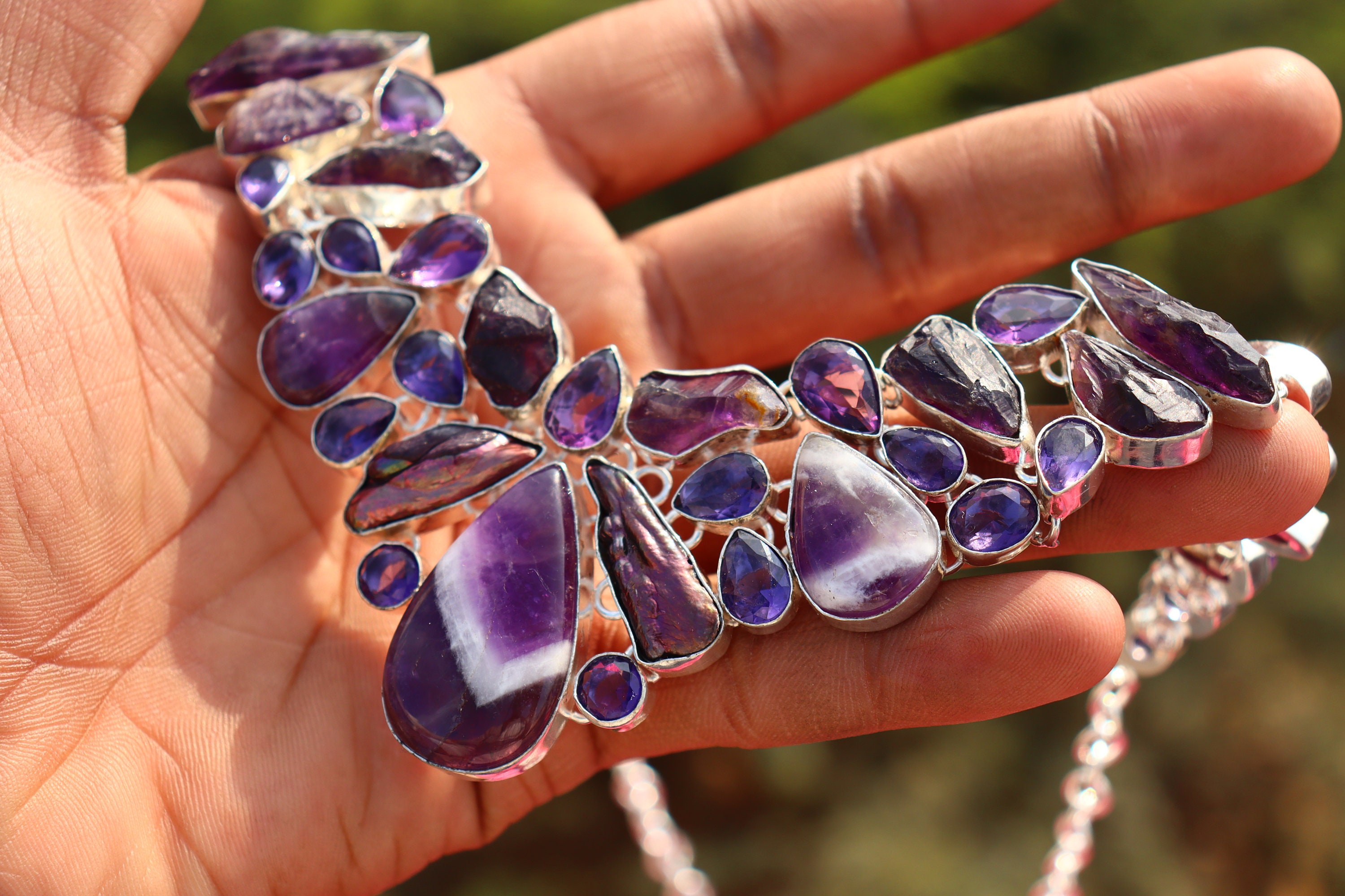 Collier Argenté Avec Perles D'améthyste – Bijou Fantaisie – Neuf Avec étiquettes