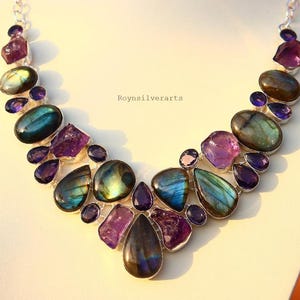 Natural Labradorite and Raw Amethyst stone| Handmade cluster necklace | Bridesmaid necklace | Vintage necklace | Gifts for her