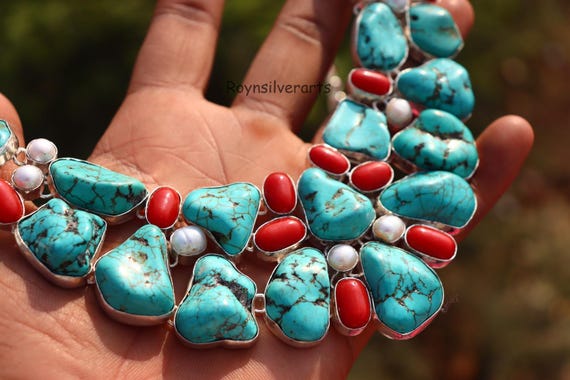 Vintage Raw Turquoise, Coral and Pearl Gemstone Necklace  display picture 1