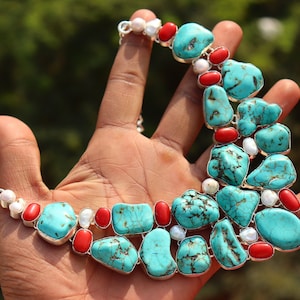 Natural Raw Turquoise, Coral and Pearl gemstone necklace, Handmade necklace, Statement necklace, Adjustable boho necklace, gift for her.