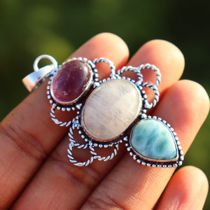 Handmade Larimar, Amethyst & Moonstone Silver Plated Pendant