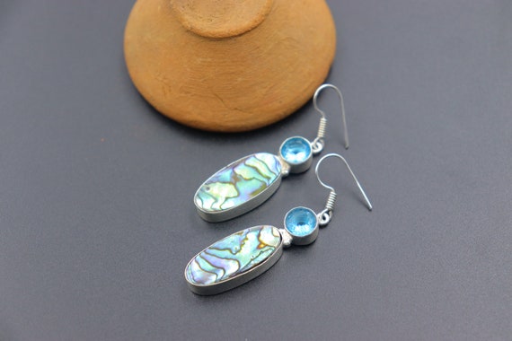 Handmade Oval Cut Abalone Shell Dangle Earrings – Silver Plated, Women's, Multicolor