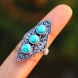 Oxidized Silver Plated Turquoise Ring: Handmade Brass Stacking Ring