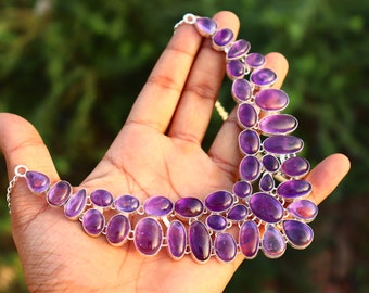 Amethyst Gemstone Cluster Necklace: Sterling Silver, Adjustable