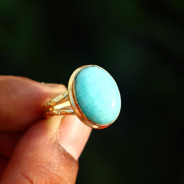 Anillo de larimar hecho a mano: plata bañada en oro de 14 quilates