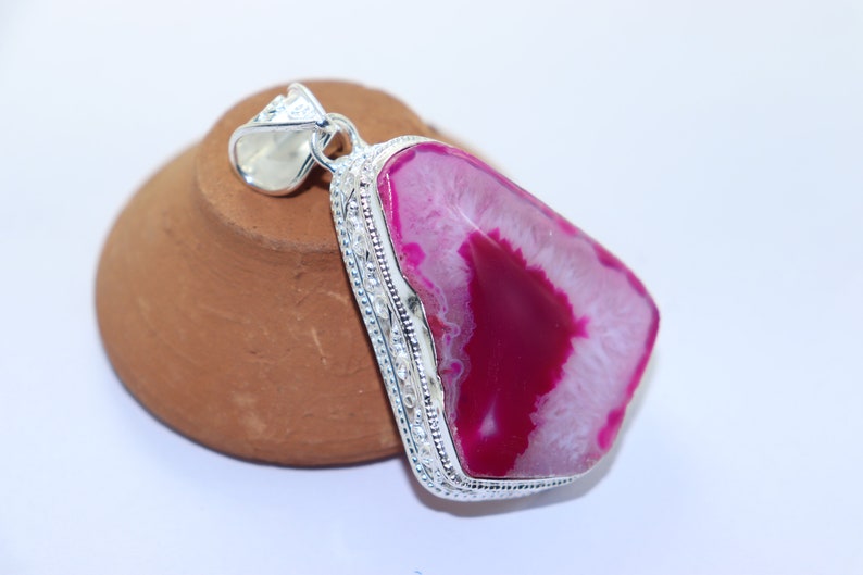 Beautiful Pink Duji stone handmade silver plated pendant.