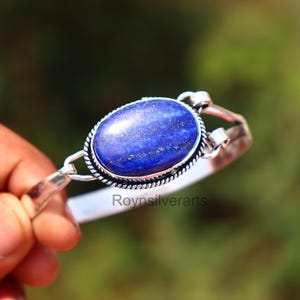 Lapis Lazuli Silver Bangle: Adjustable Gemstone Bracelet