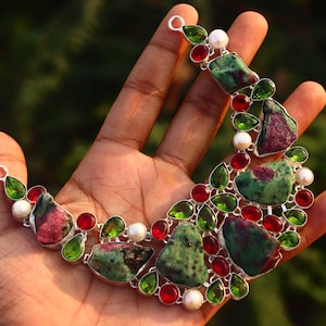 Stunning Raw Ruby zoisite, Peridot and  Pearl gemstone handmade silver plated necklace | Vintage Ruby zoisite necklace | Gift for her .