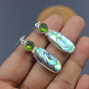 Abalone Peridot Silver Dangle Earrings