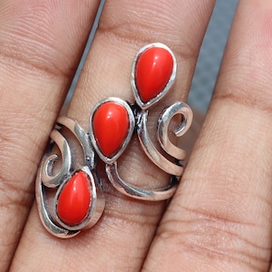 Handmade Red Coral Gemstone Ring: Oxidized Silver Plated Brass