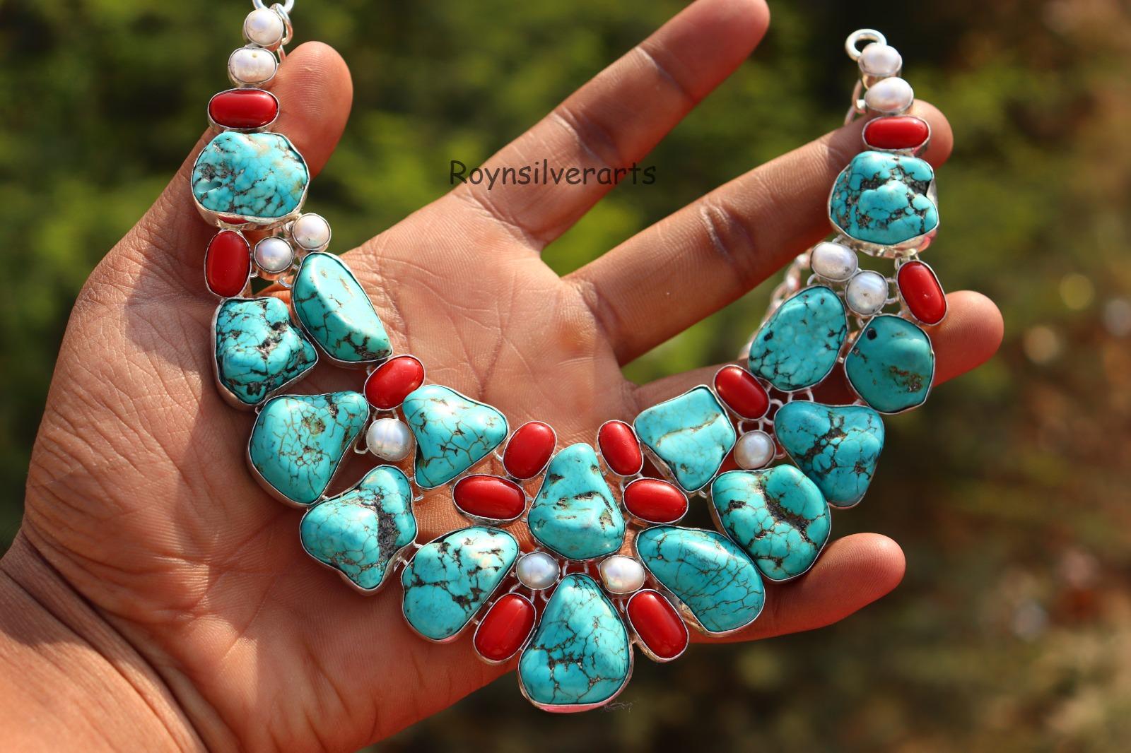 Vintage Raw Turquoise, Coral and Pearl gemstone necklace, Handmade necklace, Statement necklace, Adjustable boho necklace, gift for her.