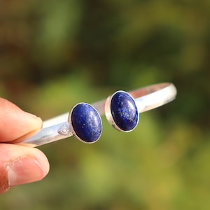 Handmade Lapis Lazuli Bangle: 925 Silver Plated Boho Cuff