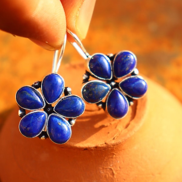 Lapis Lazuli Flower Earrings: Silver Dangle. Handmade boho earring. Gift for her