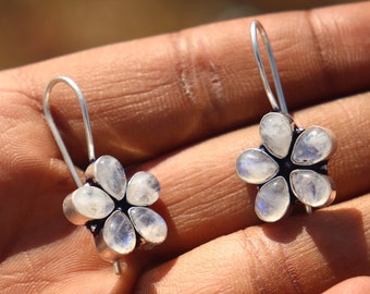 Natural Moonstone gemstone hand work flower earring | Fine silver polish earring |Natural gemstone Handmade earring gift for her
