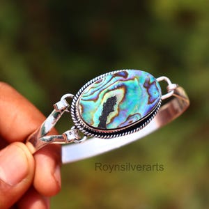 Vintage Avalon Shell Silver Bangle: Handmade Gemstone Bracelet