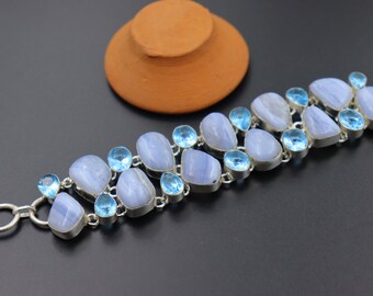 Bracelet En Argent 925 Avec Pierre De Lune Et Topaze Bleue - Fait Main, Ajustable, Inde
