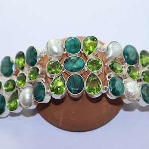 Beautiful Emerald,Perirot and Pearl stone handmade silver plated bracelet