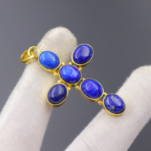 Lapis Lazuli Cross Pendant: Gold Polish Brass, Spiritual Jewelry