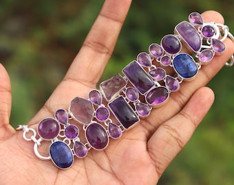 Natural Amethyst and Blue Sapphire stone handmade silver plated bracelet |Vintage Amethyst gemstone bracelet| Gift for her on Anniversary.