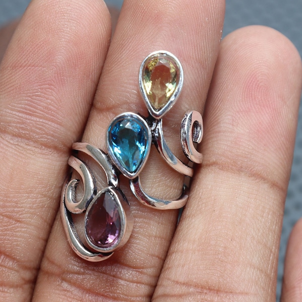 Natürlicher, mit mehreren Edelsteinen besetzter, handgefertigter Ring aus 925er Silber | Anhänger aus Sterlingsilber | Natürlicher Edelstein| Alle Größen sind verfügbar.