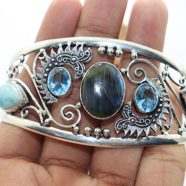 Natural Larima, Laborite and Blue Topaz stone handmade silver plated bangle