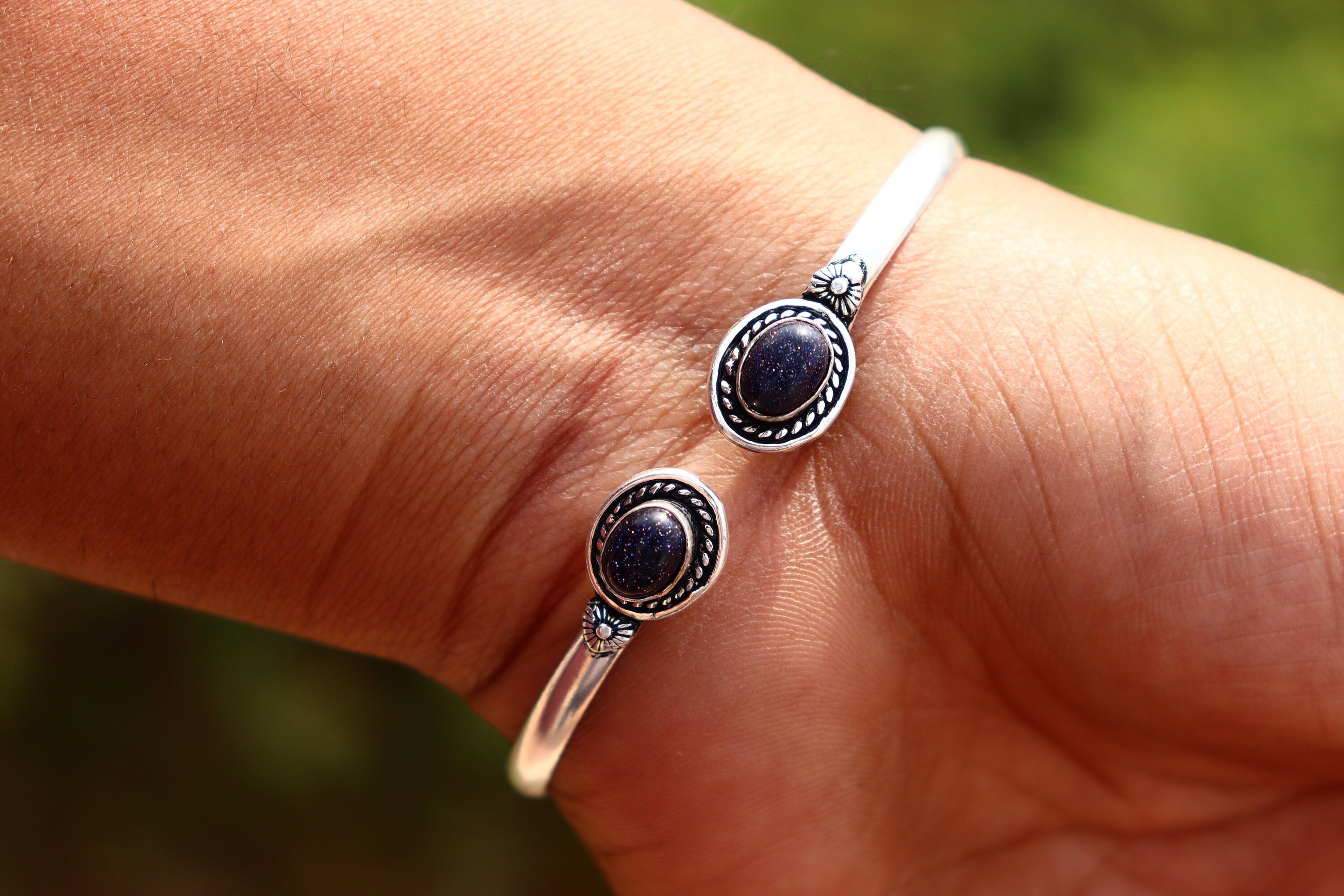 ターコイズストーンバングル：925スターリングシルバー製調節可能な