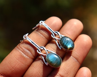 Blue Fire Labradorite Earrings: Handmade Silver Oxidized Silver Dangle Earrings