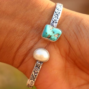 Handmade Turquoise and Pearl Bangle: 925 Silver Boho Gemstone Bangle