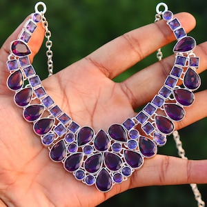 Vintage Amethyst Gemstone Necklace: Handmade Silver Plated Brass