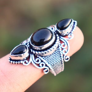 Handmade Black Onyx Gemstone Ring: Silver Plated Brass