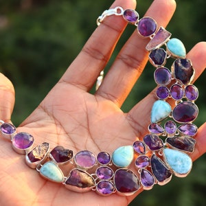 Raw Amethyst and Larimar Gemstone Necklace: Silver Plated Brass