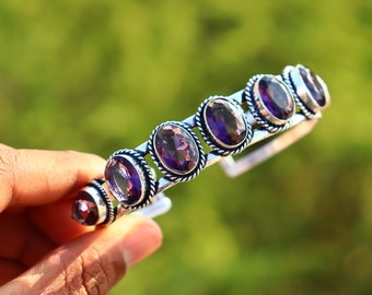 Amethyst Stone 925 Sterling Silver Bangle, Adjustable Filigree Cuff