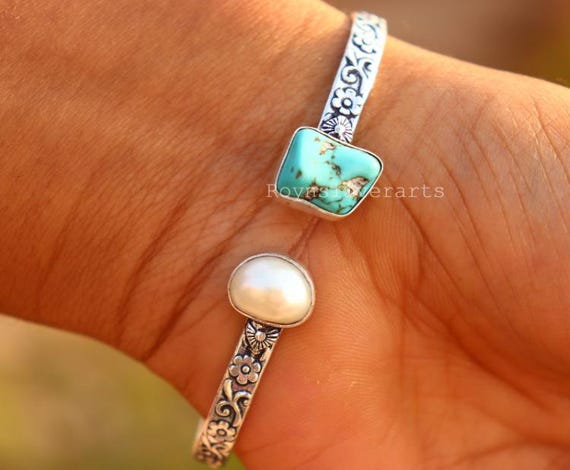 Handmade Turquoise and Pearl Bangle: 925 Silver Boho Gemstone