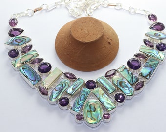 Beautiful Amethyst and Abalone stone handmade silver plated necklace