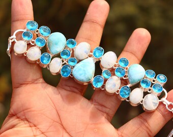 Larimar Moonstone Topaz Bracelet: Oxidized Silver Cluster Bangle
