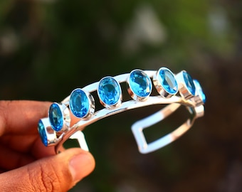 Blue Topaz Silver Cuff Bangle, Sky Blue Gemstone Bracelet, Multi Stone Handmade Jewelry, Adjustable Statement Cuff, Elegant Boho Bracelet