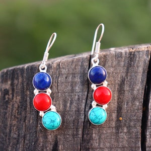 Oxidized Silver Dangle Earrings: Coral, Turquoise & Lapis